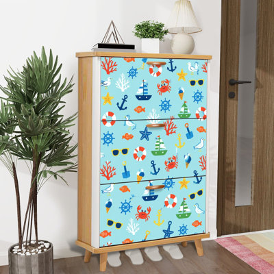 Shoe Storage Cabinet with 3 Flip Drawers for Nautical Themed Boats Anchors Marine Elements Light Blue Shoe Rack Storage Organizer