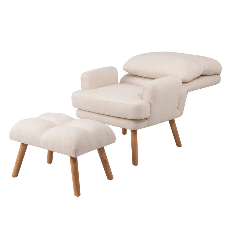 Fauteuil d'appoint moderne avec repose-pieds, fauteuil en tissu avec pieds en bois et dossier réglable, Beige
