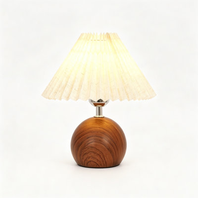 Wooden Table Lamp with Pleated Fabric Shade, Round Wood Grain Base, E26 Bulb Included, Modern Farmhouse Accent Lamp for Bedroom, Living Room and Nightstand