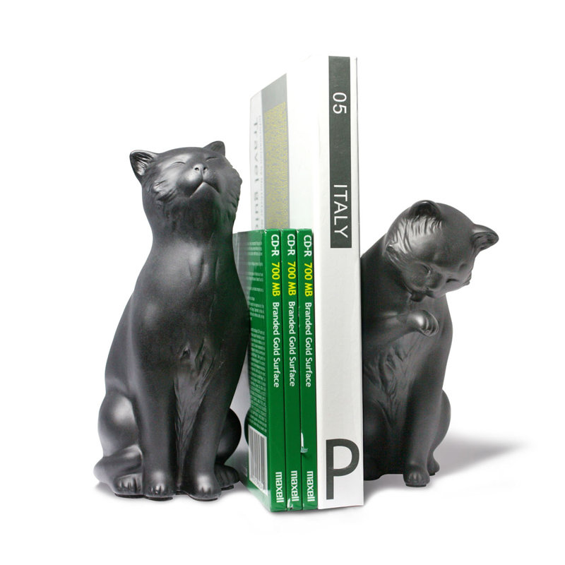 Serre-livres antidérapants modernes et contemporains sculptés en forme de chats en résine Mears, Noir