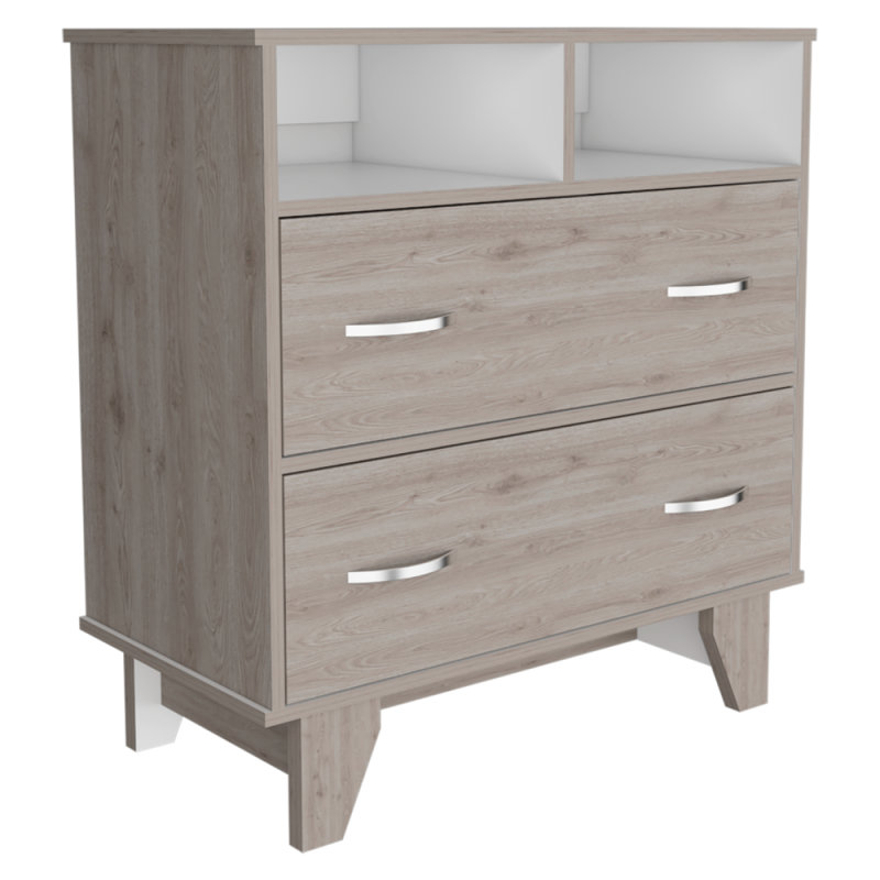 Commode à deux tiroirs Portanova, deux tablettes ouvertes, plateau supérieur, quatre pieds - gris clair / blanc