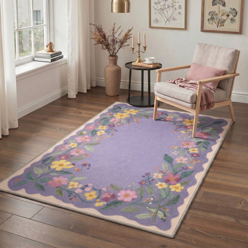 Tapis d'intérieur lavable en machine à motif floral Verdant, Rectangle 84 po x 60 po, Purple,Yellow,Green,Beige