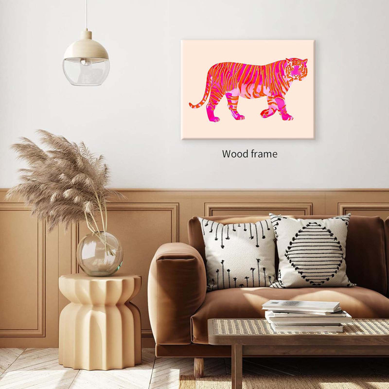 Pink Orange Tiger Wall Art Funky Cute Preppy Animal Poster Trendy Hot Pink Aesthetic Painting Prints Framed For Girly Dorm College Gallery Wall Decor