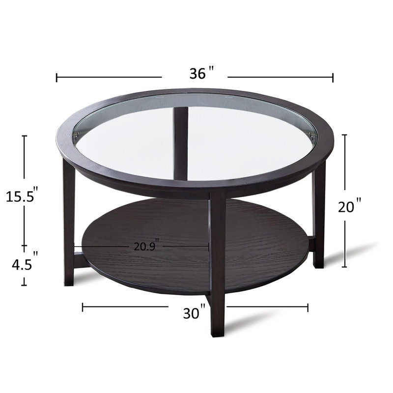 Double-layer Solid Wood Round Coffee Table with Tempered Glass Top