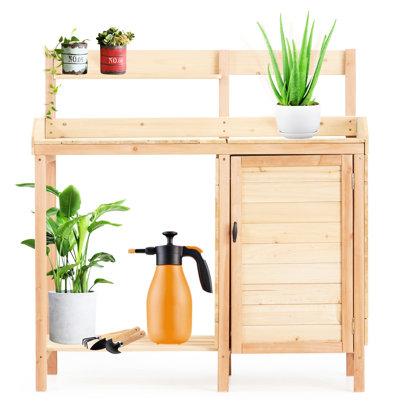 Outdoor Multifunctional Potting Bench Table With Sink, Garden Workstation For Gardening Supply Management, Sliding Tabletop, Removable Tray, Cabinet, Shelf, Hooks, Natural Wood Sink Patio Lawn