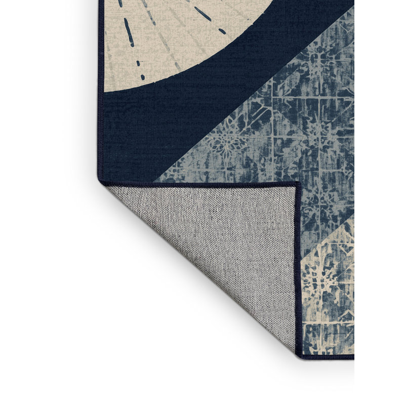 Machine Washable Paulett Global Inspired Block Print Rug in Beige – Navy Binding, 5' Round