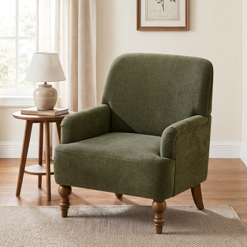 28.7" Upholstered Armchair With Tight Back And Solid Wood Legs, Green