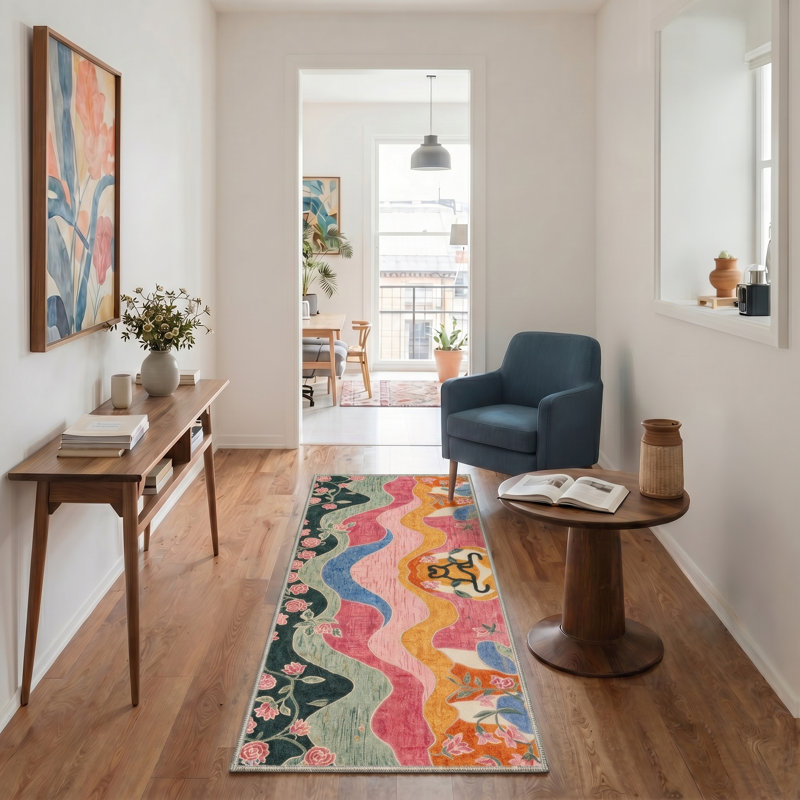 Tapis vert / rose / bleu / jaune / orange lavable à la machine avec envers antidérapant Verdant, Runner 2' x 6'