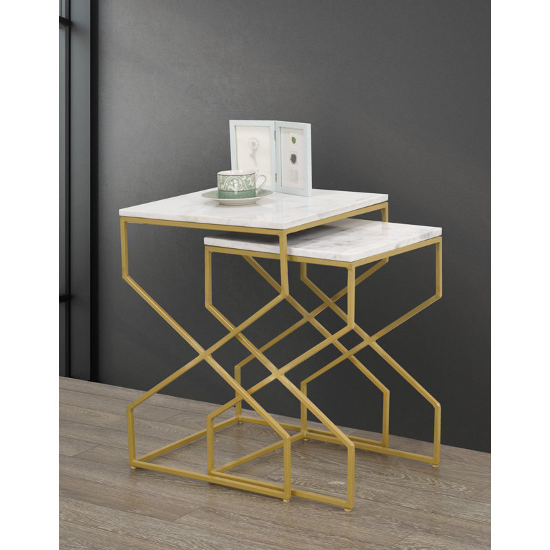 2 Piece Nesting Table Set, White/Gold