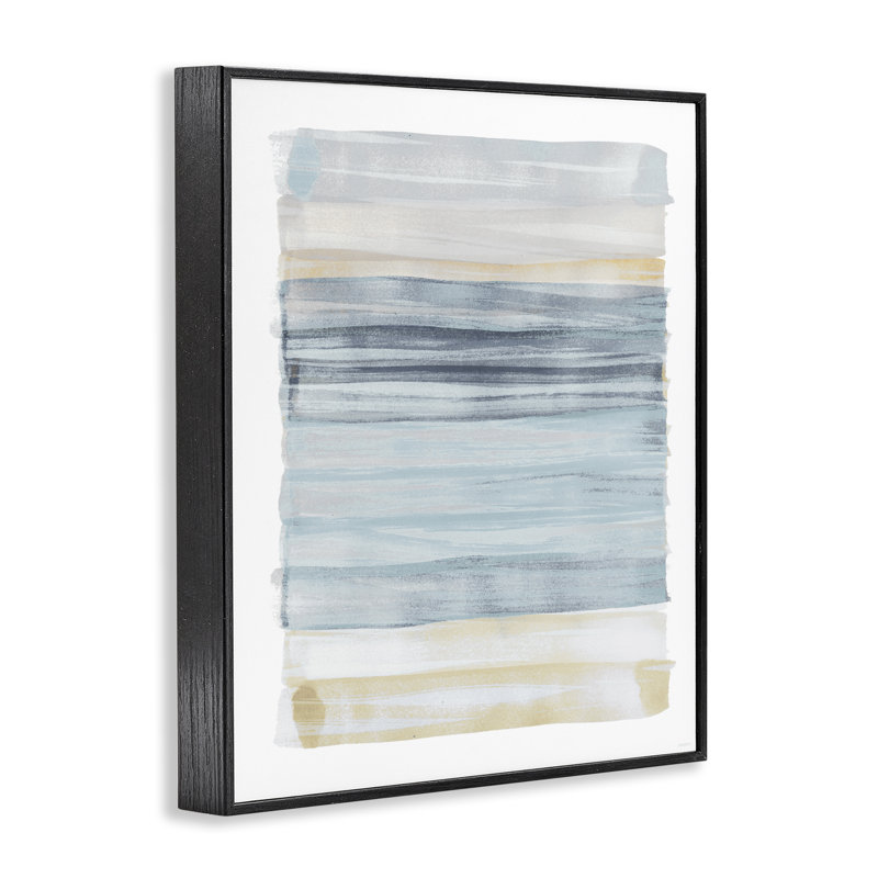 «Tranquil Blue Beige Stripes», peinture décontractée surdimensionnée encadrée noire, art texturé par Dan Meneely, Noir