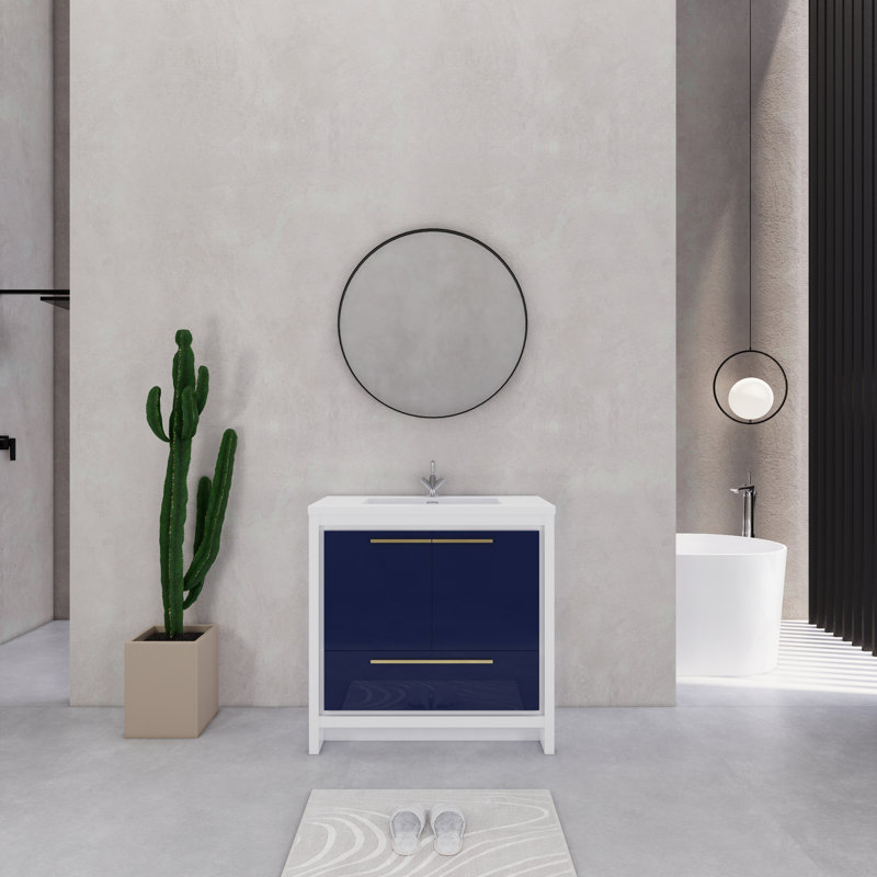 Ensemble de meuble-lavabo simple 35,5 ", Blanc brillant / bleu