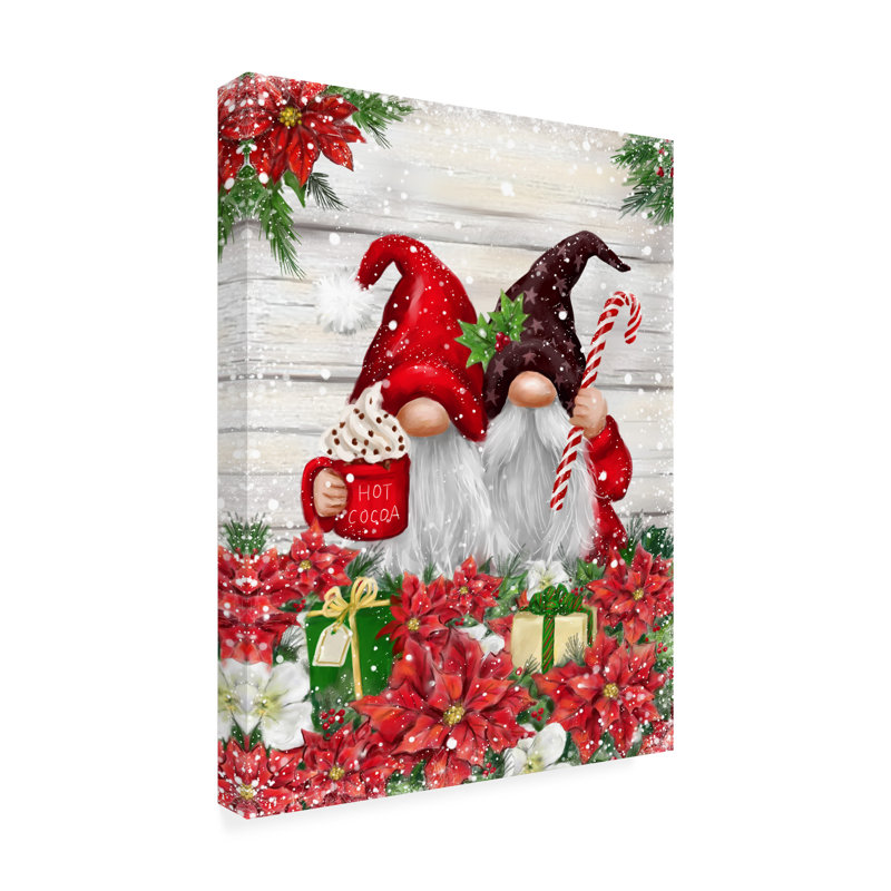 Art sur toile MAKiko Gnomes avec poinsettias, H 14 po x l 19 po