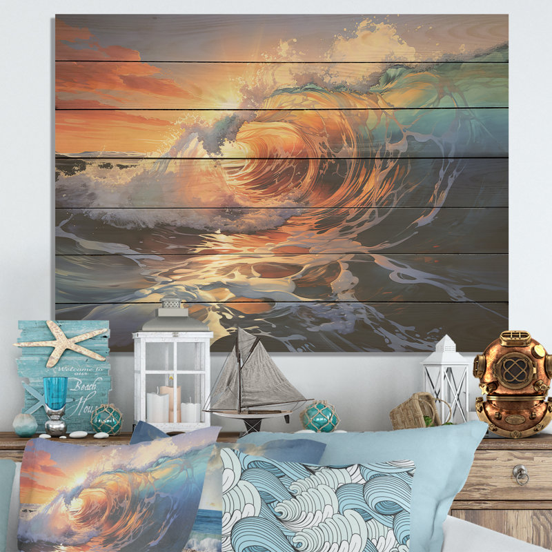 Blue and Orange Sunrise Waves IV - vagues côtières sur bois, H 24 po x l 32 po x P 0,78 po