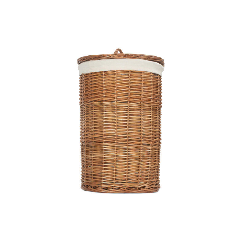 Wicker Round Laundry Hamper Basket with Lining, Light Steamed/White, 50cm H x 33cm W x 33cm D