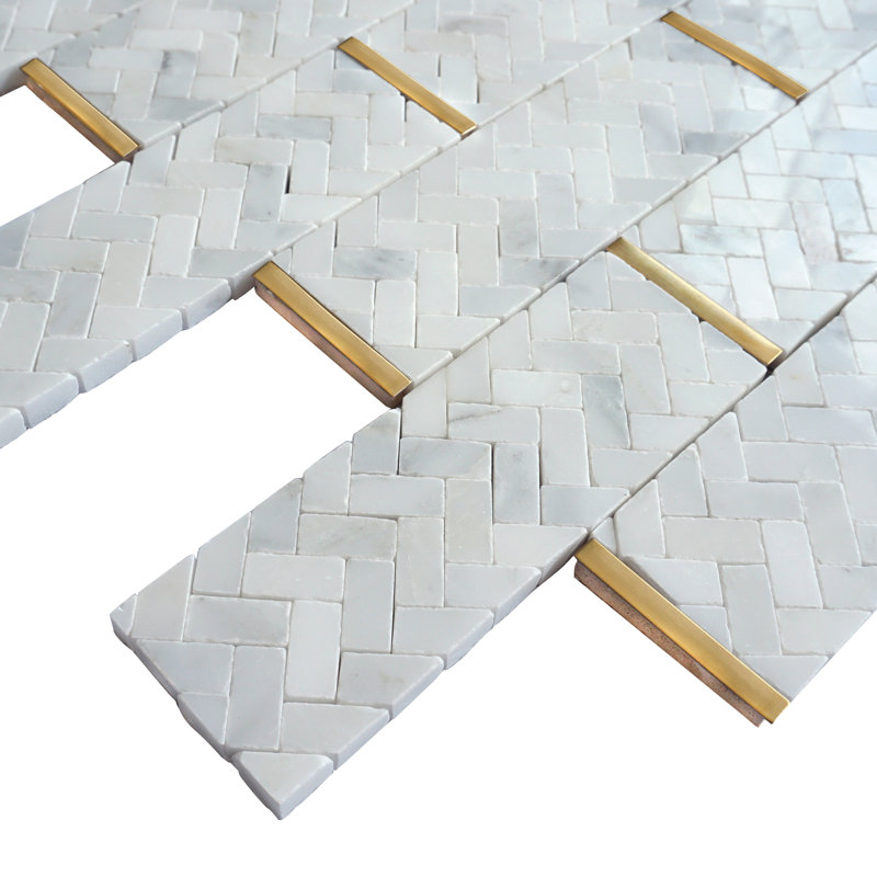 Natural 3" x 3" Natural Stone Brick Joint Mosaic Wall Tile, White/Gold