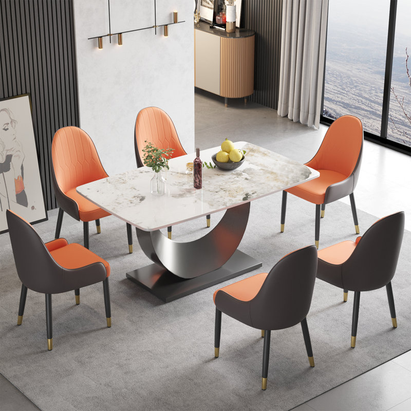 Ensemble de table de salle à manger à piédestal en pierre 7 pièces, Marbre blanc, Orange / noir