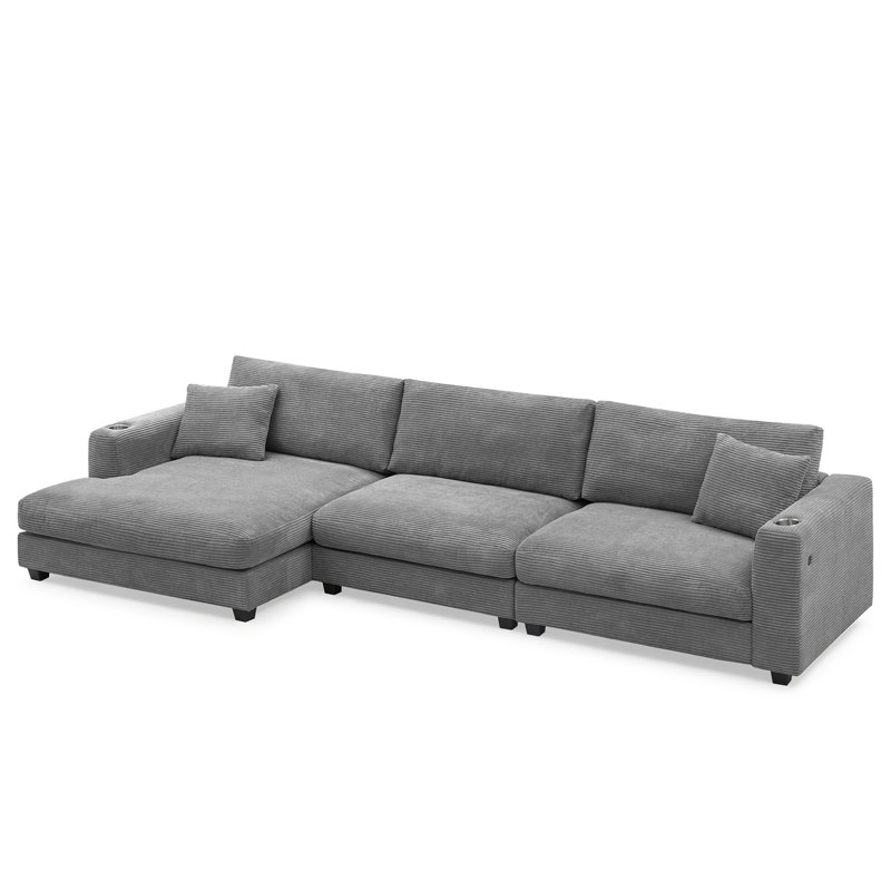 134*54" Oversized Corduroy Sectional Sofa,L Shaped Cloud Couch With USB Charging Port,Cup Holder,Deep And Wide Seat Sofa With  Chaise,Comfy Indoor Furniture For Living Room