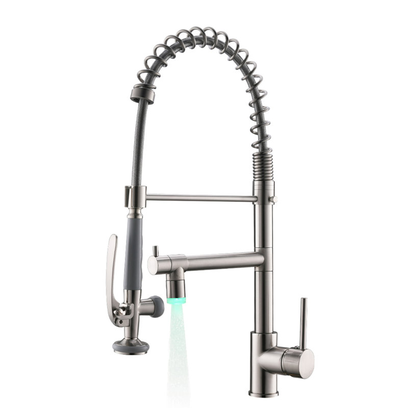 Hot And Cold Pull Down Kitchen Faucet - Brushed Nickel, All Brass Material, 360 Degree Swivel Spout, Ceramic Filler Single Handle Sink Brass, To Water Spots, Flow,