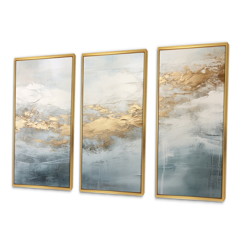 Beige, bleu, or, océan, tempête V, ensemble d'art mural sur toile à formes abstraites, Cadre flottant doré, H 28 po x l 36 po