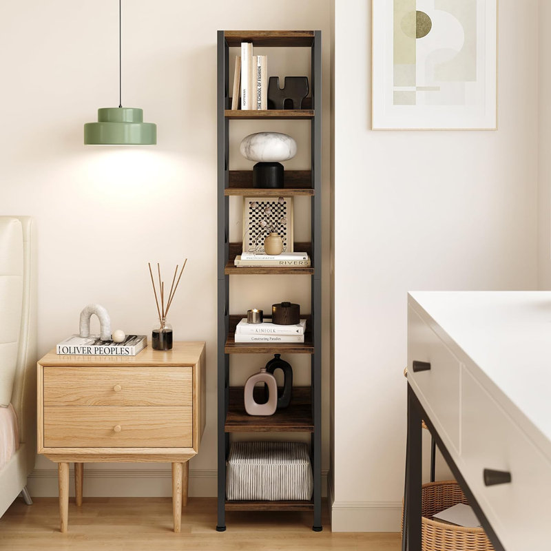 Narrow Bookshelf Tall Skinny Bookcase 6 Tier Storage Rack, Brown/Black