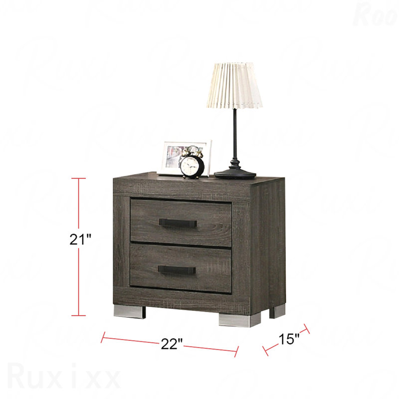 Table de chevet 2 tiroirs en bois avec poignées noires, Gris