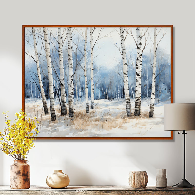 White And Blue Birch Wood In Winter On Canvas Print, 34" H x 44" W, Brown Floater Framed