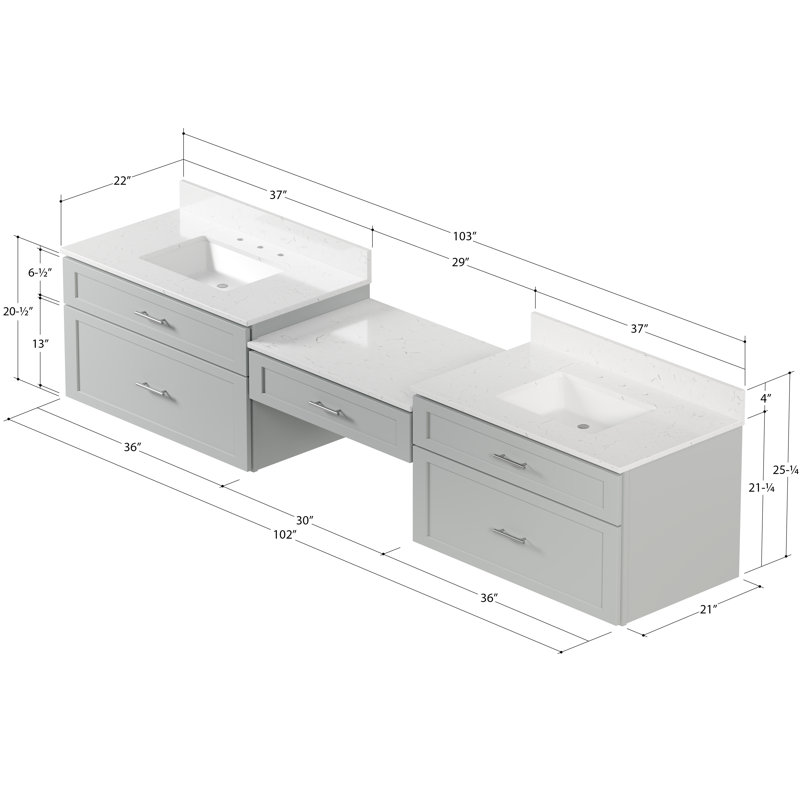 Meuble-lavabo mural flottant double 102 po avec comptoir en quartz Carrara, Gris
