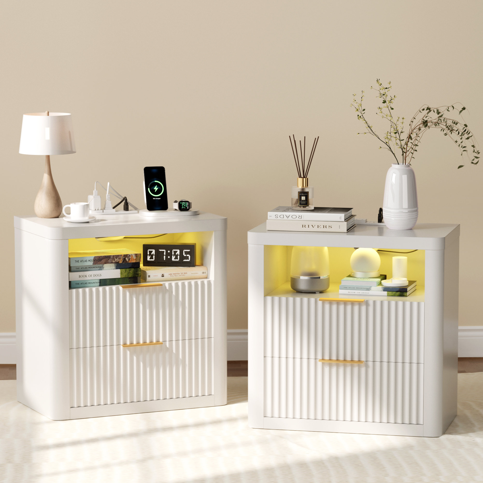 Fluted Nightstand With Charging Station,24" Night Stand With 2 Drawers And Storage Shelf,rgb Led Lighting,arc Edge Fluted Bedside Table For Bedroom - White