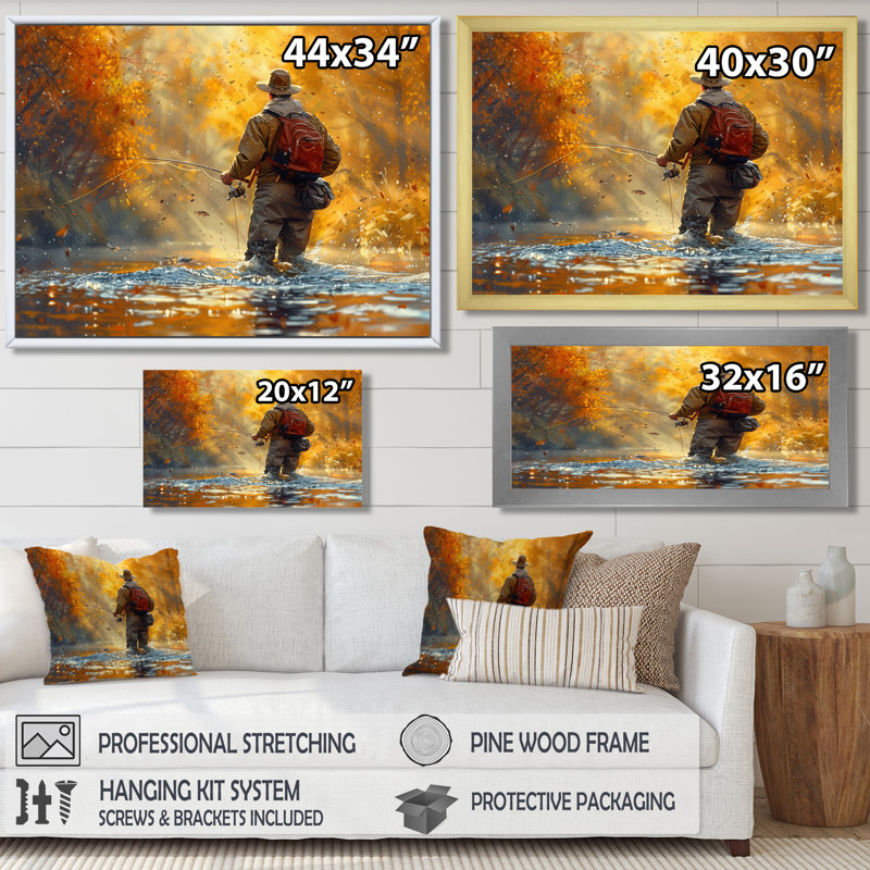 «Autumn River Fishing - Hunting & Fishing», reproduction d'art mural, Toile avec cadre flottant blanc