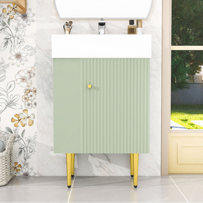 Meuble-lavabo simple autoportant moderne avec plateau en céramique, porte à fermeture en douceur et grand rangement Jarrow