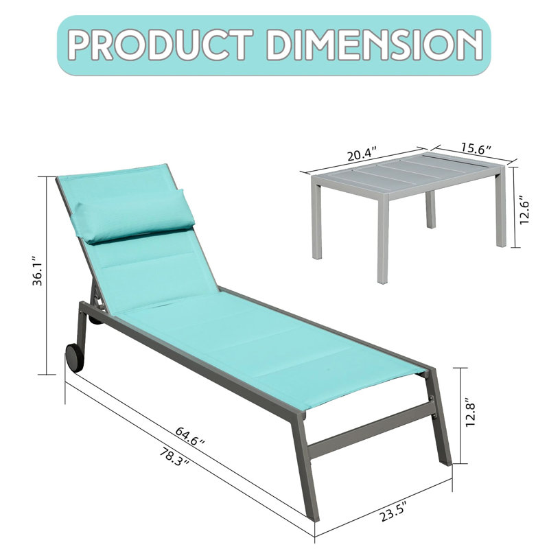 3 Outdoor Chaise Lounge: Aluminum Construction And Fabric. Adjustable Reclining Chair For Pool, Beach, Yard. Lake Blue Model Patio Lounge : Frame With Cushion. Yard, Balcony. Color