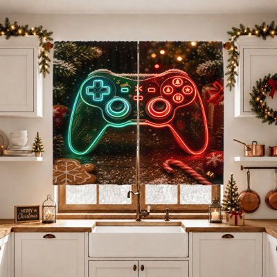 2Pcs Neon Gaming Controller Curtains, Light Filtering Fabric, Festive Christmas Theme with Snowflakes and Gifts, Rod Pocket Design, Perfect for Living Room, Bedroom, Game Home Decoration