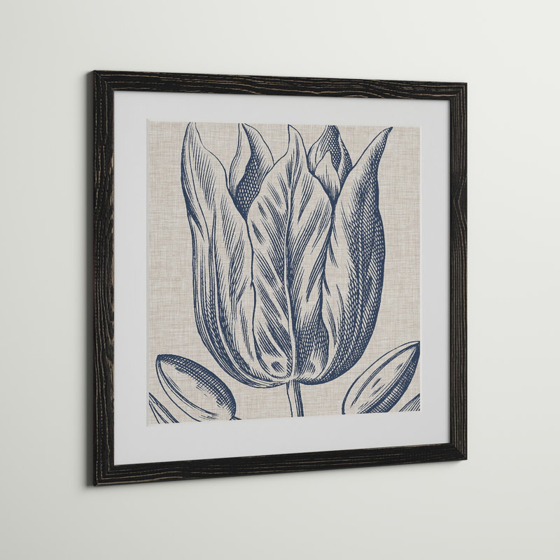 Indigo floral sur lin VI - reproduction encadrée de qualité supérieure - prêt à être accroché - impression encadrée sur papier