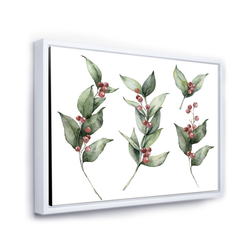 Ensemble de Noël avec branches et Berrie rouge - Peinture sur toile, H 24 po x l 32 po x P 1 po, Cadre flottant blanc