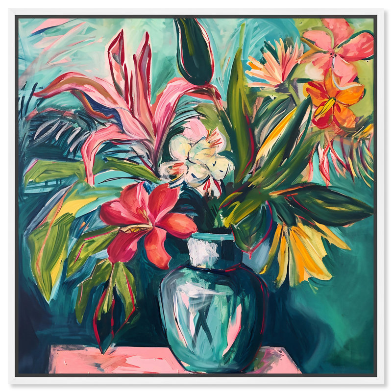 Art Remède Vase de fleurs tropicales lumineuses, fleurs encadrées dans un vase 55958, Cadre blanc, H 41 po x l 41 po
