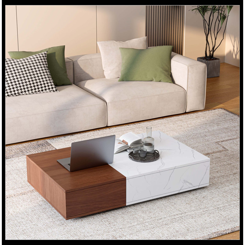 Table basse en noyer de style moderne avec deux espaces de rangement, Brun noyer / blanc, Brun noyer / blanc