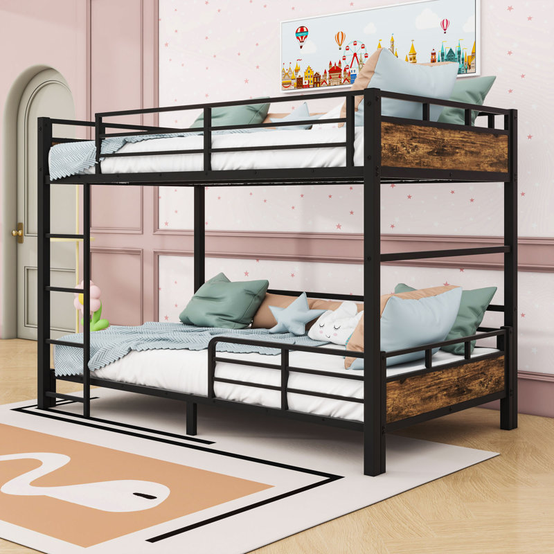 Metal Bunk Bed With Safety Rai, Vintage Wood, Extra Long Twin Over Extra Long Twin
