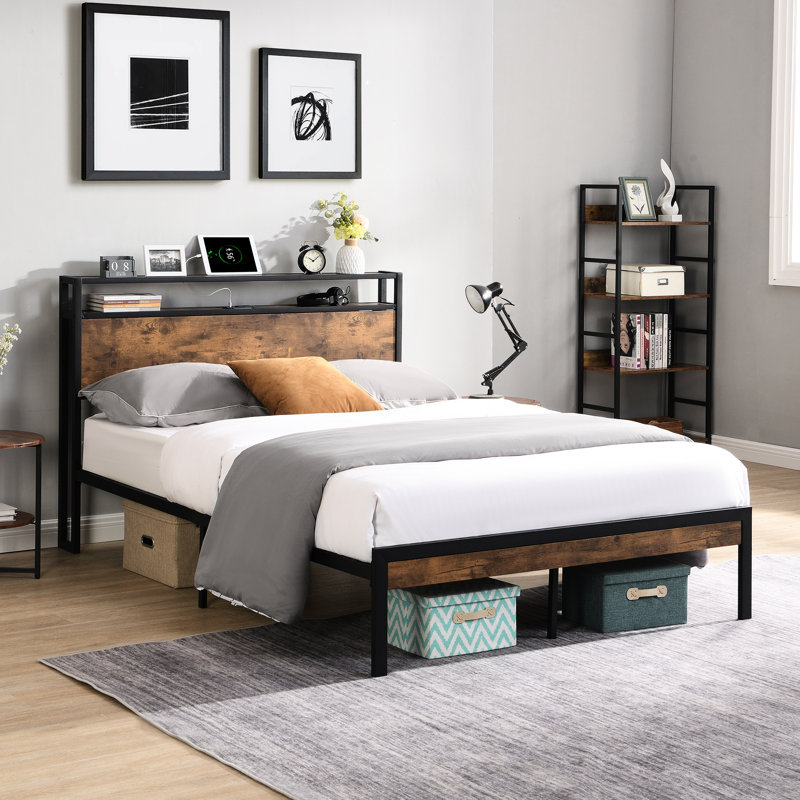 Structure de lit plateforme très grand en métal avec tête de lit en bois - caractéristique, espace de rangement supplémentaire et stable, sans sommier tapissier, taille et doublure brun noir, ressort nécessaire, grand +