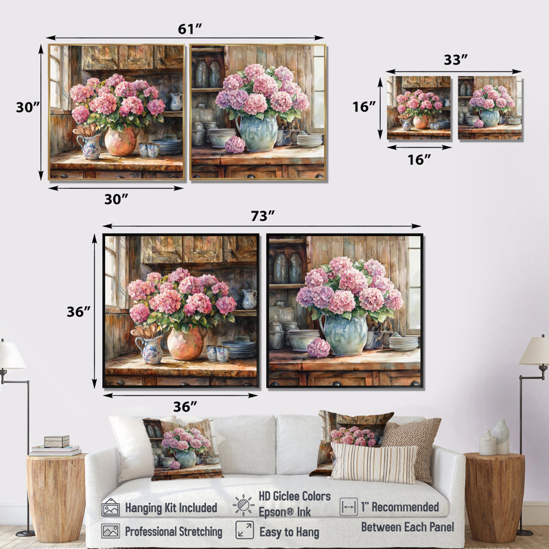 Hortensias à la ferme dans un vase en poterie I - Hortensia - Art mural traditionnel 2 pièces, Cadre flottant, Argent argent