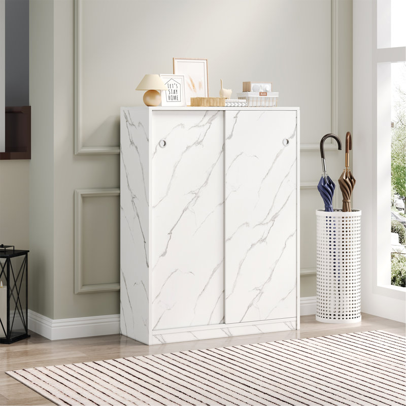 Marble White  Shoe Cabient With Sliding Door Have 6 Layers Can Storage At Least30 Pairs Shoes, White