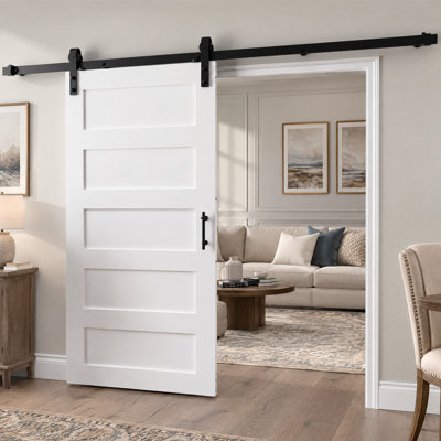 Porte de grange en bois blanche à 5 panneaux avec quincaillerie coulissante, porte de grange coulissante intérieure pour placard, cuisine, chambre à coucher