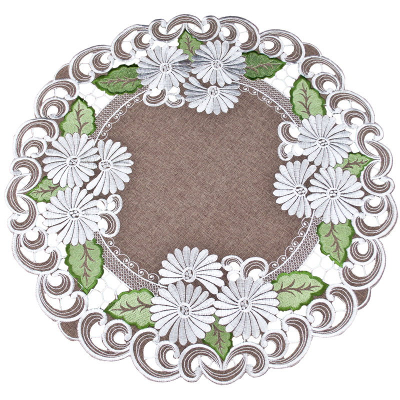 Reanna Embroidered Silver Daisy Green Leaves Brown (23" Round)