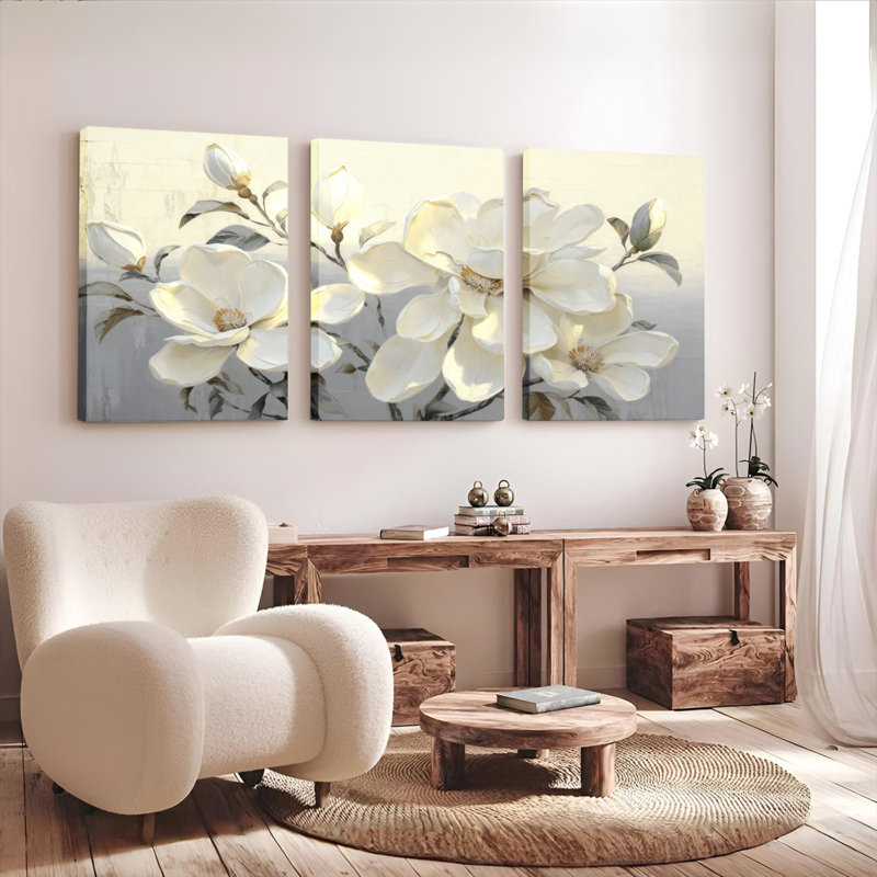 Ensemble de 3 toiles murales à motif floral de magnolia blanc - motif floral élégant pour salon, chambre ou décoration intérieure
