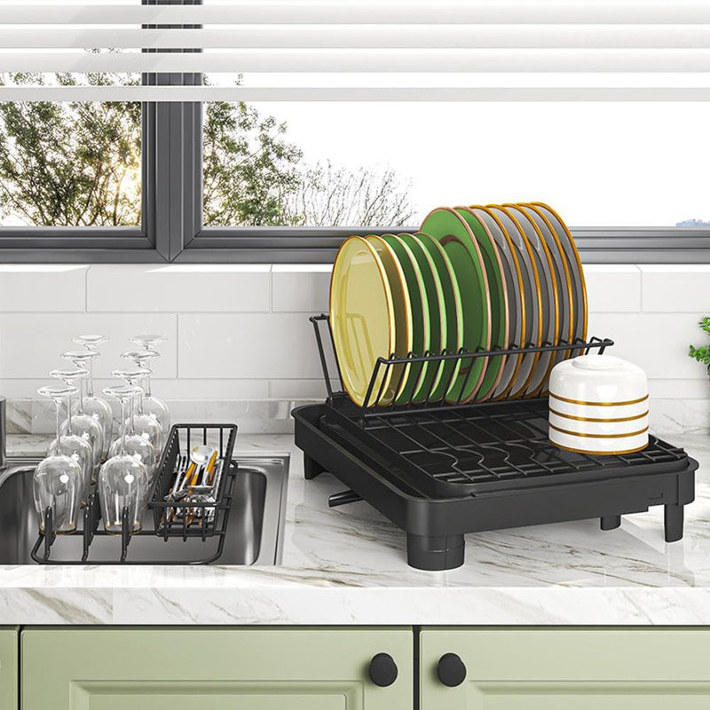 Expandable Dish Drying Rack for Kitchen Counter - Rustproof Carbon Steel - Removable Utensil and Cup Holders - Adjustable Drainboard with Swivel Spout for Space-Saving Storage