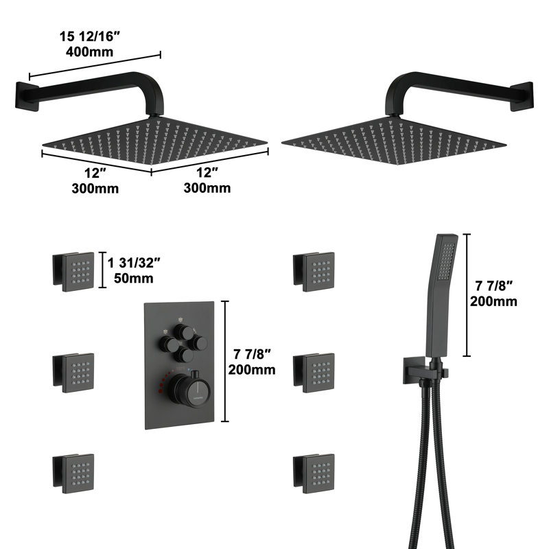 Matte Black Dual Shower Head Thermostatic System with Body Jets