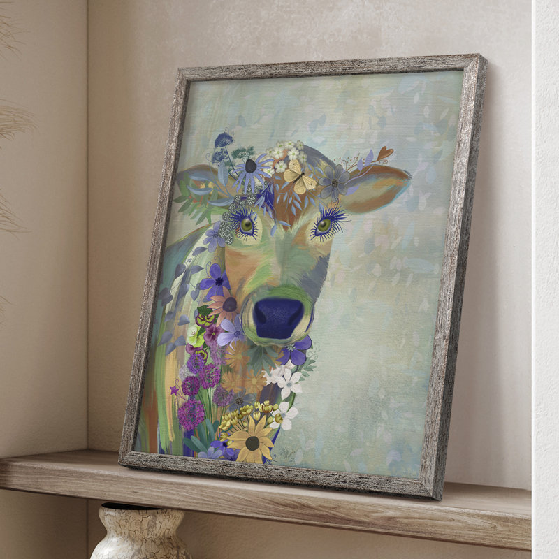 Fantastic Florals Cow, reproduction encadrée - bois massif, H 21 po x l 17 po