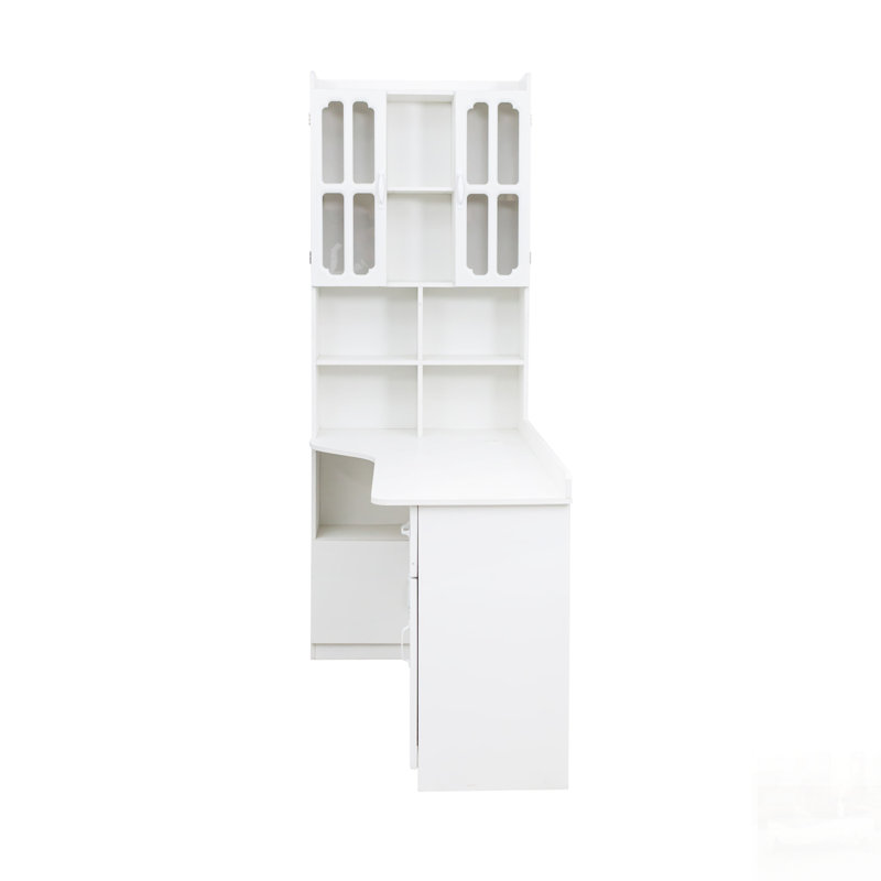 Bureau d'ordinateur d'angle en L pour bureau à domicile ou bureau, style moderne avec tiroirs, bibliothèque et huche, grand espace de travail, design 2 en 1