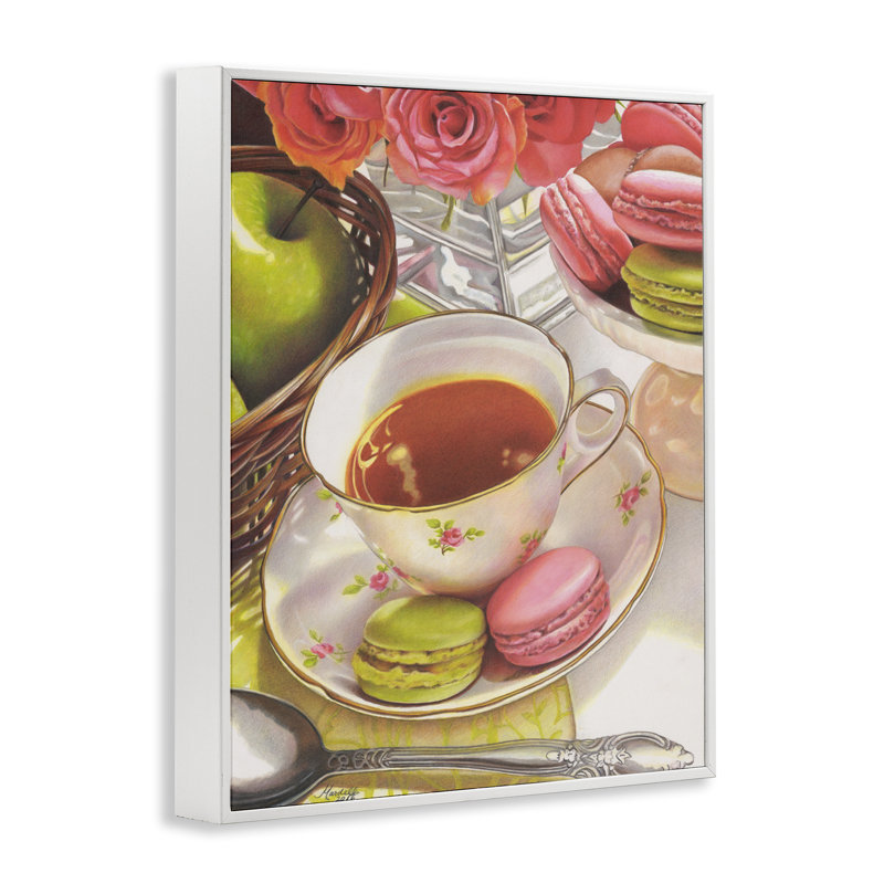 Thé avec art macarons par Mardell Schuster, Estampe numérique encadrée blanc bord de mer, H 30 po x l 24 po