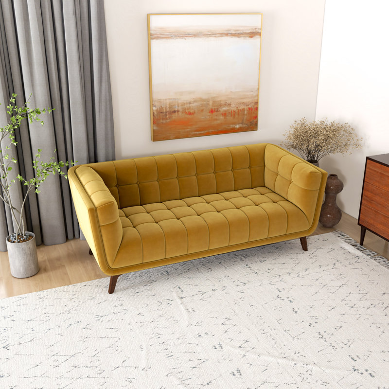 Ardrie Upholstered Sofa, Yellow Velvet, 30" H x 78" W x 35"D, 3