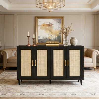 Buffet en rotin avec 4 portes, armoire de rangement pour buffet de cuisine avec tablettes réglables, armoire à café pour le salon, le couloir et la salle à manger